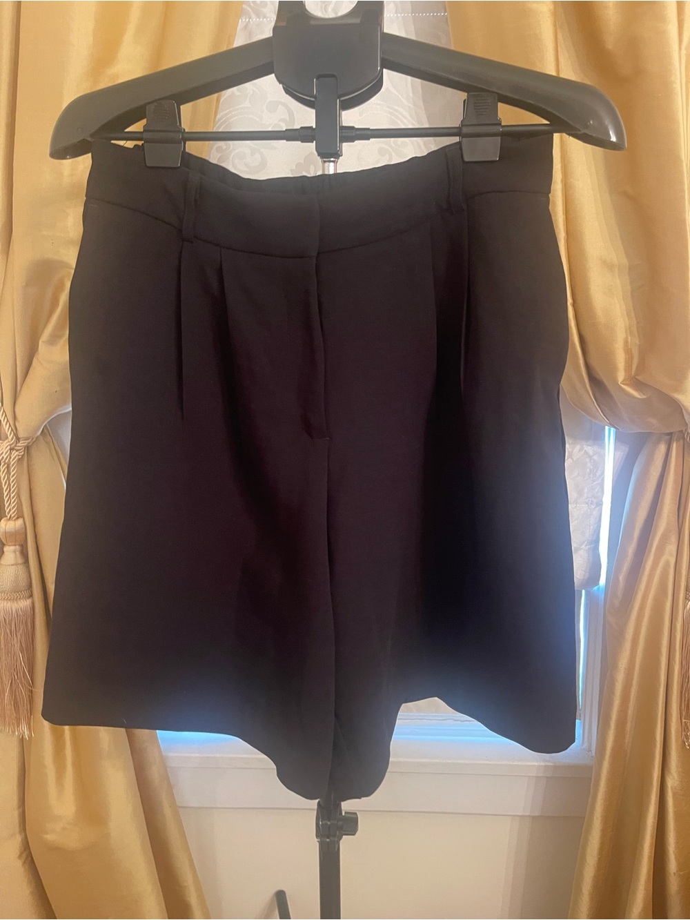 High-Rise Black Pleated Front Bermuda Shorts